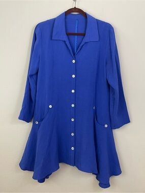 FRIDAZE Mediterranean Blue Linen Button-Front Asymmetrical Tunic- Jacket Size S